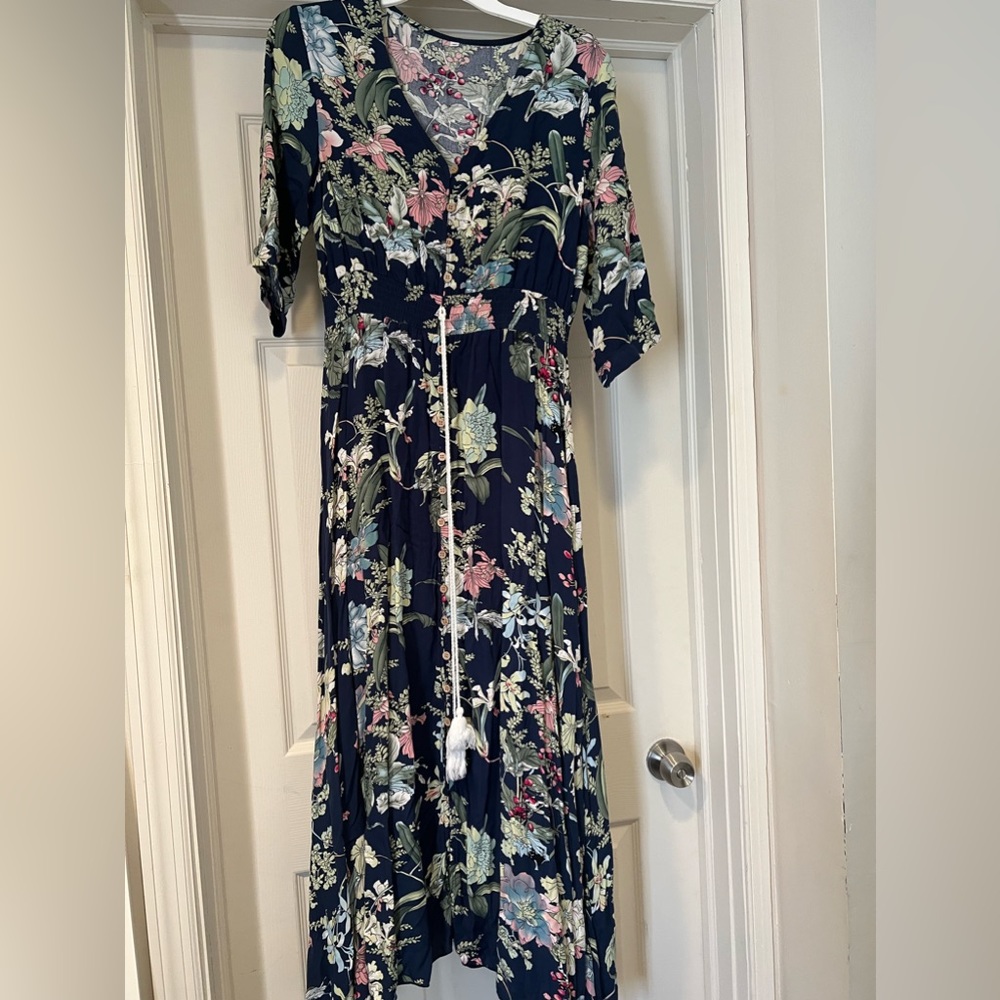 Medium navy blue and floral pattern maxi dress